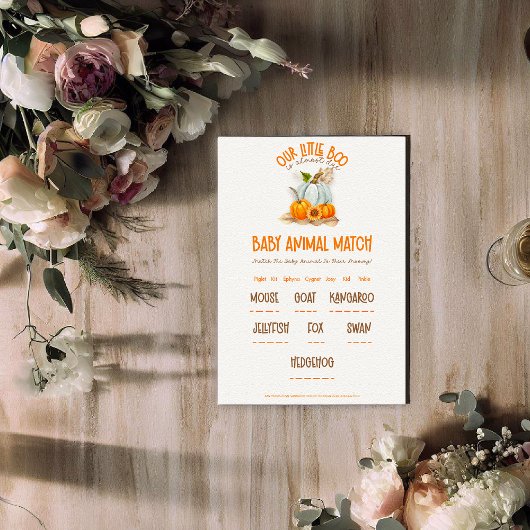 Onze Little Boo Baby shower Baby Animal Match spel Informatiekaartje