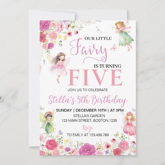 Onze Little Fairy Floral verjaardagsuitnodiging Kaart (Voorkant)