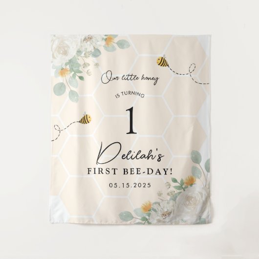 Onze Little Honey Bee 1e Verjaardag Achtergrond Ba Wandkleed (Voorkant)