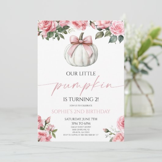 Onze Little Pumpkin Pink Bow Bloemen Verjaardagsfe Kaart (Staand voorkant)