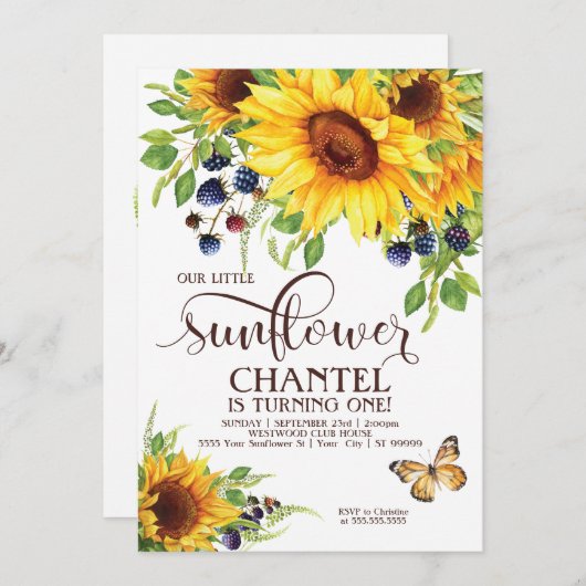 Onze 'Little Sunflower Birthday' Uitnodiging Boho (Voorkant / Achterkant)