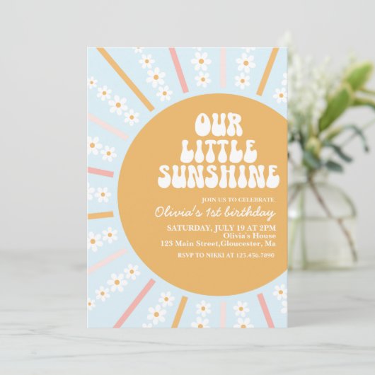 Onze Little Sunshine boho floral first jarig Inv Kaart (Staand voorkant)