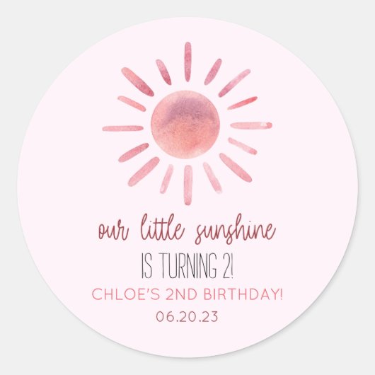 Onze Little Sunshine Pink Sun Birthday Party Ronde Sticker (Voorkant)