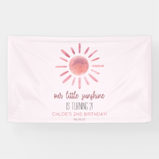 Onze Little Sunshine Pink Sun Birthday Party Spandoek (Horizontaal)