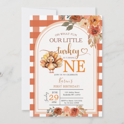 Onze Little Turkey Gingham Wildflower 1e verjaarda Kaart (Voorkant)