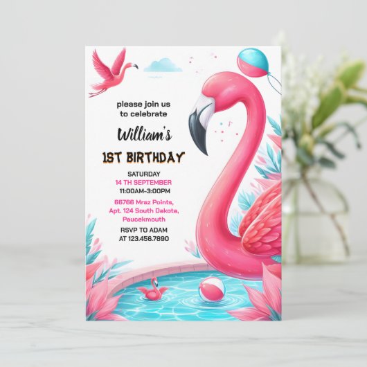 Onze Luau Fly Pink Flamingo Pool Party 1e verjaard Kaart (Staand voorkant)