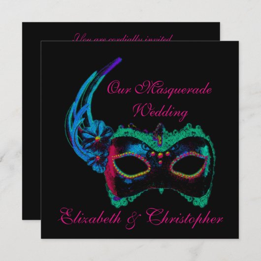 "Onze Maskerade Bruiloft" - Blauw en Roze Kaart (Voorkant / Achterkant)