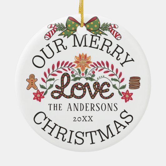 Onze Merry LOVE Kerstmis Gepersonaliseerde Familie Keramisch Ornament (Achterkant)