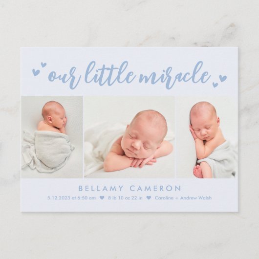 Onze Mirakel Editable Color Baby Birth Announoundi Briefkaart (Voorkant)
