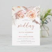 Onze mooie bruiloft: Blush Floral & Roos Gold Folie Uitnodiging (Staand Voorkant)