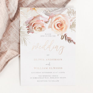Onze mooie bruiloft: Blush Floral & Roos Gold Folie Uitnodiging
