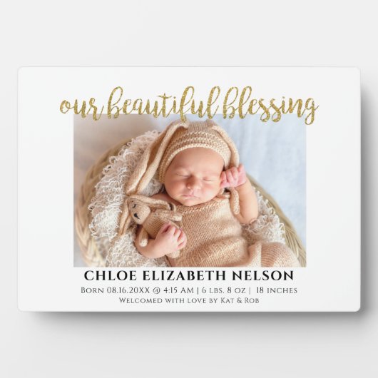 Onze Mooie Zegen Baby Geboorte Elegante Goud Fotoplaat (voorkant)