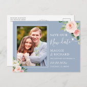 Onze nieuwe datum opslaan Blauw Blush Pink Floral Briefkaart (Voorkant / Achterkant)