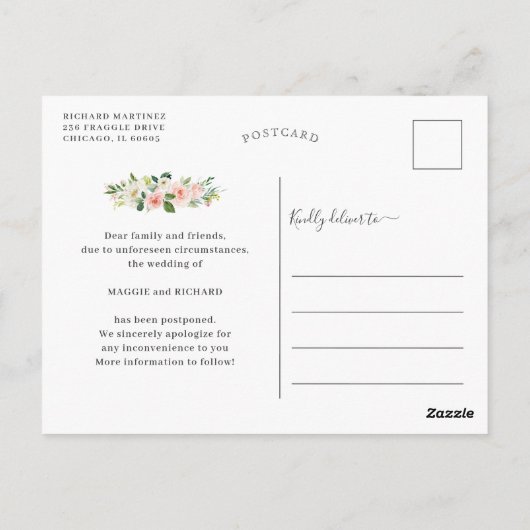 Onze nieuwe datum opslaan Blauw Blush Pink Floral Briefkaart (Achterkant)