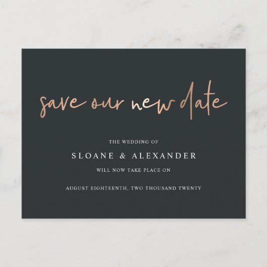 Onze Nieuwe Datum Reden Moderne Huwelijksuitstel Aankondigingskaart (Voorkant)