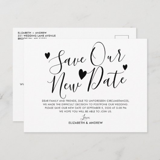 Onze Nieuwe Datumplannen Hart Huwelijk Uitstel Aankondigingskaart (Voorkant / Achterkant)