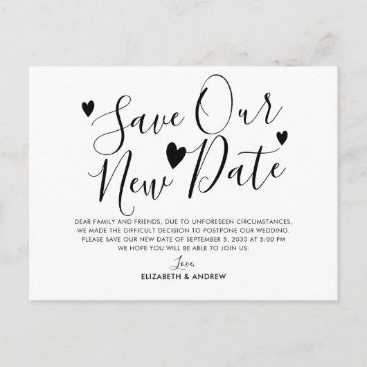Onze Nieuwe Datumplannen Hart Huwelijk Uitstel Aankondigingskaart (Voorkant)