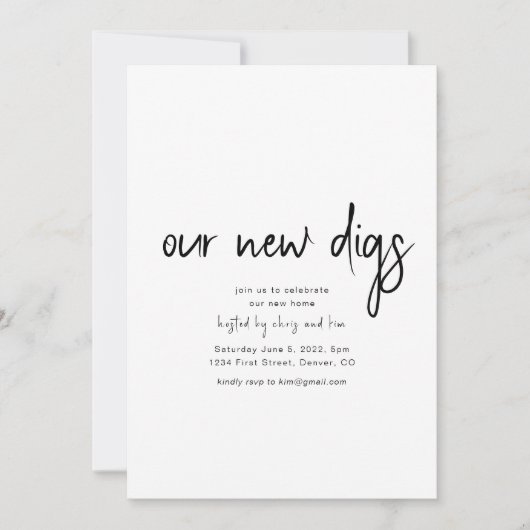 Onze nieuwe Digs Housewarming Party uitnodiging (Voorkant)
