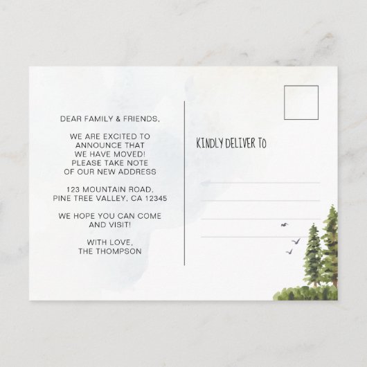 Onze Nieuwe Hals van de Bossen Bewegende Waterverf Aankondigingskaart (Achterkant)