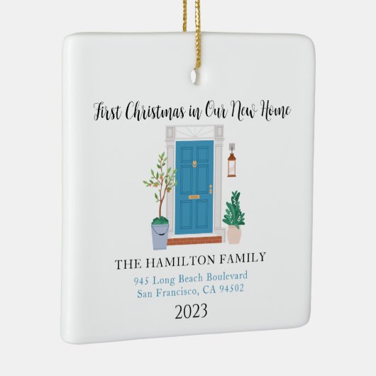 Onze nieuwe Home Eerste Kerstmis Blauwe voordeur Keramisch Ornament (Rechts)