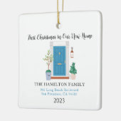 Onze nieuwe Home Eerste Kerstmis Blauwe voordeur Keramisch Ornament (Links)