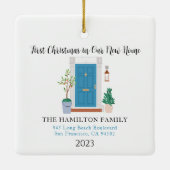 Onze nieuwe Home Eerste Kerstmis Blauwe voordeur Keramisch Ornament (Achterkant)
