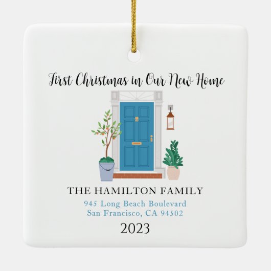 Onze nieuwe Home Eerste Kerstmis Blauwe voordeur Keramisch Ornament (Achterkant)