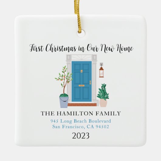 Onze nieuwe Home Eerste Kerstmis Blauwe voordeur Keramisch Ornament (Voorkant)