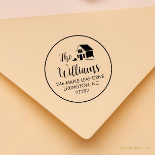 Onze nieuwe huis aankondiging terugkeer adres rond rubberstempel