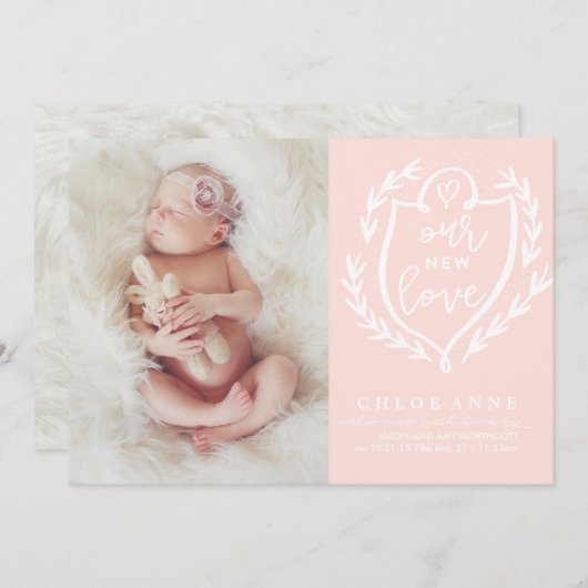 ONZE NIEUWE LIEFDE Geboorteaankondiging / / roze e Aankondiging (Voorkant / Achterkant)