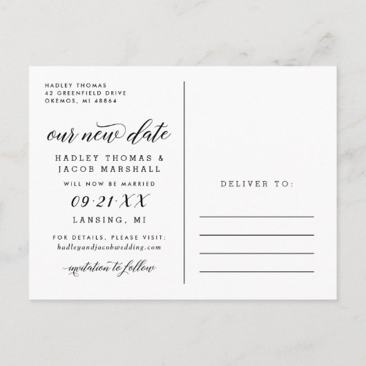 Onze nieuwe moderne kalligrafie bruiloft foto aankondigingskaart (Achterkant)