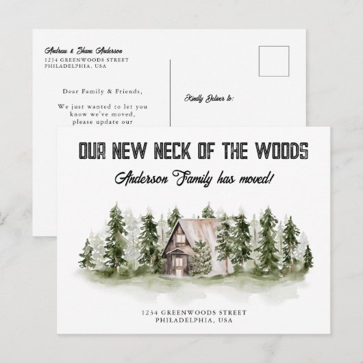 Onze nieuwe nek van de Bossen Cabin Forest Moving Aankondigingskaart (Voorkant / Achterkant)