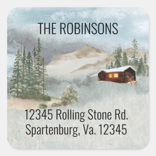 Onze nieuwe nek van de Bossen Cabin Pines Adres Vierkante Sticker (Voorkant)