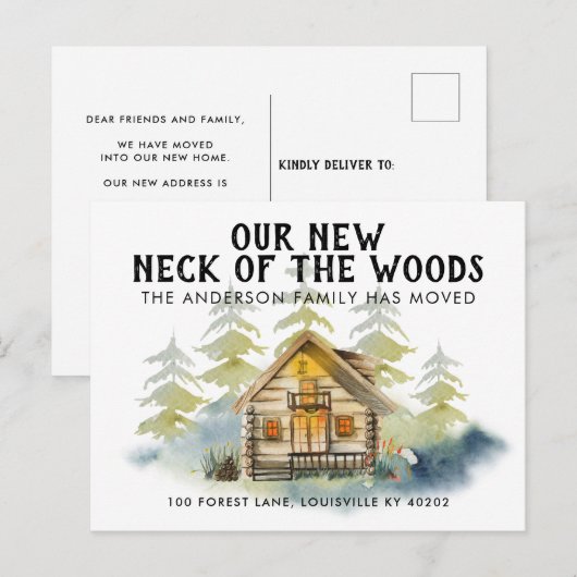 Onze nieuwe nek van de Bossen Pine Trees Cabin Mov Aankondigingskaart (Voorkant / Achterkant)
