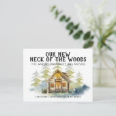 Onze nieuwe nek van de Bossen Pine Trees Cabin Mov Aankondigingskaart (Staand voorkant)