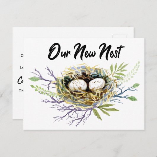 Onze nieuwe Nest Waterverf in beweging Aankondigingskaart (Voorkant / Achterkant)