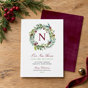 Onze Nieuwe Thuis Kerstkrans Monogram Bourgondië Feestdagenkaart
