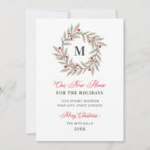 Onze nieuwe Thuiskerst Greenery Monogram Wreate Feestdagenkaart (Voorkant)