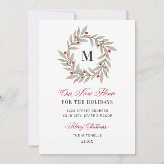 Onze nieuwe Thuiskerst Greenery Monogram Wreate Feestdagenkaart (Voorkant)