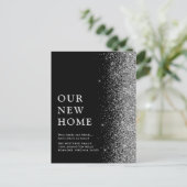 Onze nieuwe thuislegant Silver Glitter Black Beweg Aankondigingskaart (Staand voorkant)