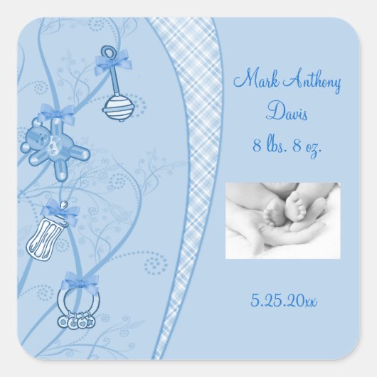 Onze nieuwe toevoeging in blauwe tinten vierkante sticker (Voorkant)