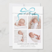 Onze perfecte cadeau blauwe boog foto geboorte aankondiging (Voorkant)