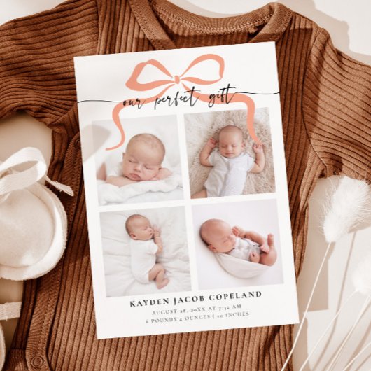 Onze perfecte gift roze boog foto geboorte aankondiging