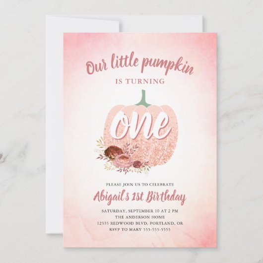 Onze Pompoen 1e Verjaardag Roos Gouden Glitter Kaart (Voorkant)