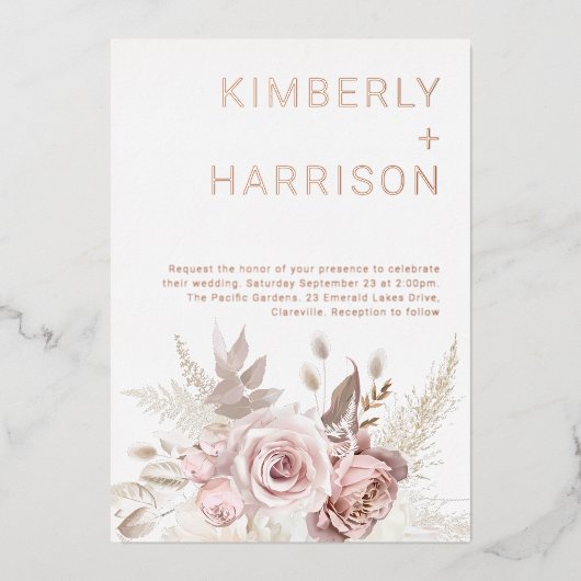 Onze prachtige bruiloft: Roze Goud & Blush Bloemen Folie Uitnodiging (Voorkant)