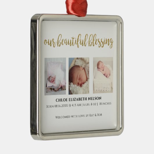 Onze prachtige zegen 3 Foto Gold Glitter Modern Metalen Ornament (Rechts)