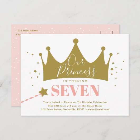 Onze prinses Pink Gold Birthday Party nodigt uit Briefkaart (Voorkant / Achterkant)