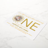 Onze Ray Sunshine Gold Foto Baby First Birthday Folie Uitnodiging (Gedraaid)
