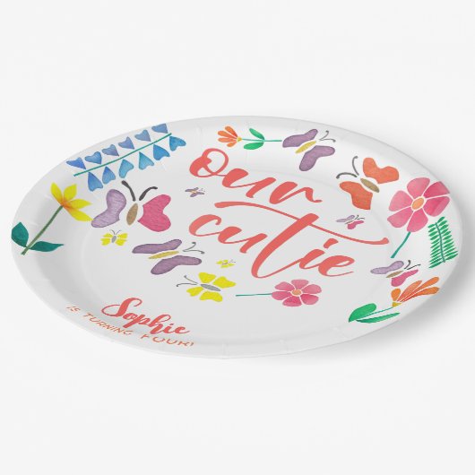 Onze schatje is... bloemige kinderen verjaardagsfe papieren bordje (Gekanteld)