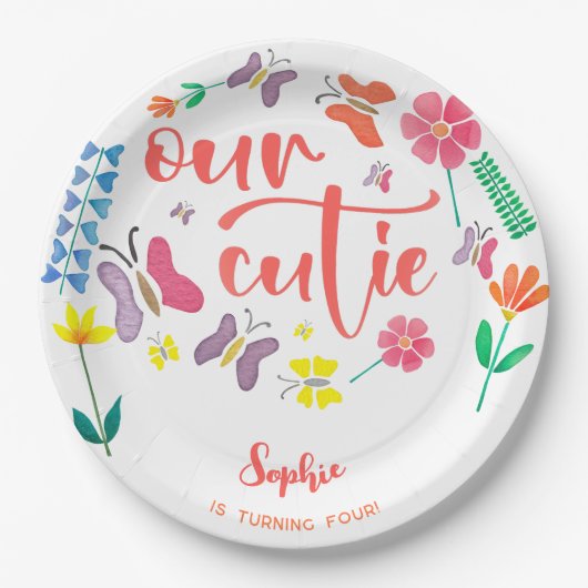 Onze schatje is... bloemige kinderen verjaardagsfe papieren bordje (Voorkant)